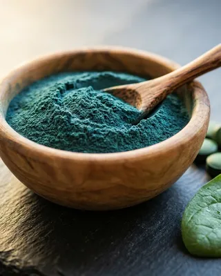 Pó de espirulina em uma tigela de madeira