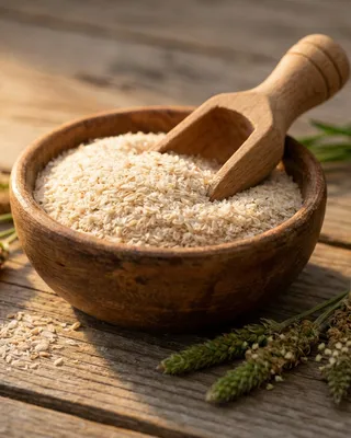 Casca de psyllium em uma tigela de madeira